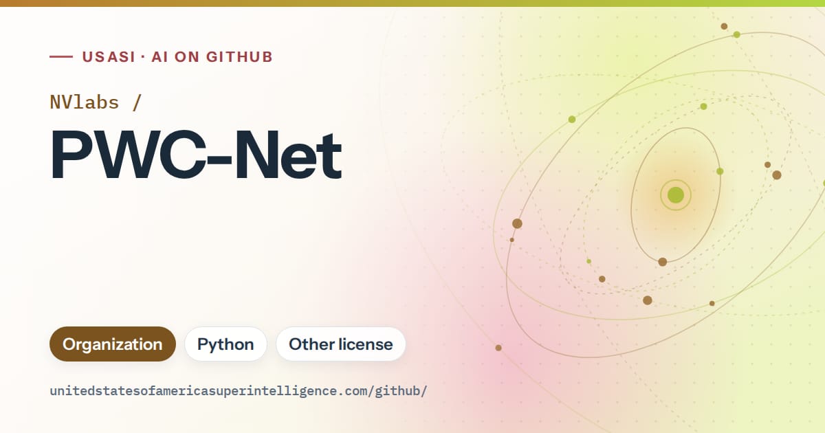 Generated orange orbit artwork for NVlabs/PWC-Net, labeled USASI · AI on GitHub, with Organization · Python · Other license.