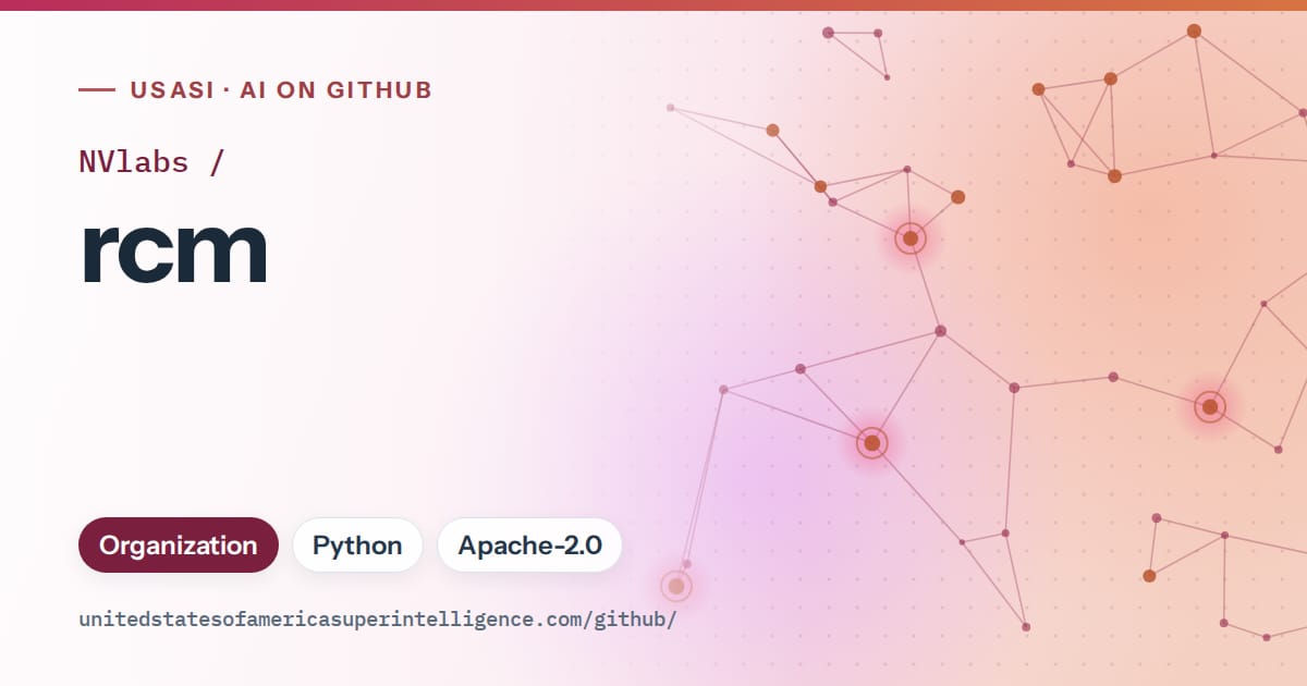 Generated pink constellation network artwork for NVlabs/rcm, labeled USASI · AI on GitHub, with Organization · Python · Apache-2.0.