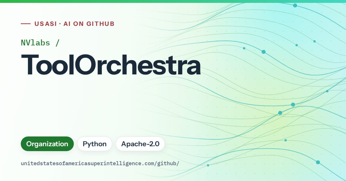 Generated green flowing-wave artwork for NVlabs/ToolOrchestra, labeled USASI · AI on GitHub, with Organization · Python · Apache-2.0.