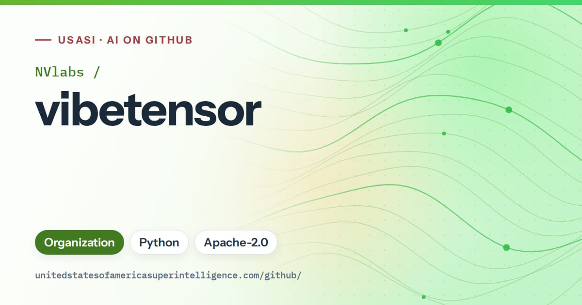 Generated green flowing-wave artwork for NVlabs/vibetensor, labeled USASI · AI on GitHub, with Organization · Python · Apache-2.0.