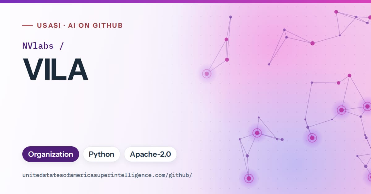 Generated violet constellation network artwork for NVlabs/VILA, labeled USASI · AI on GitHub, with Organization · Python · Apache-2.0.