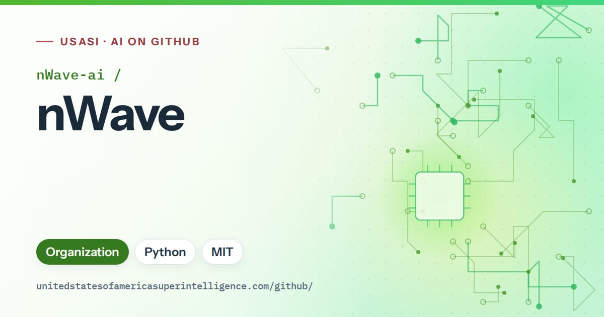 Generated green circuit-trace artwork for nWave-ai/nWave, labeled USASI · AI on GitHub, with Organization · Python · MIT.