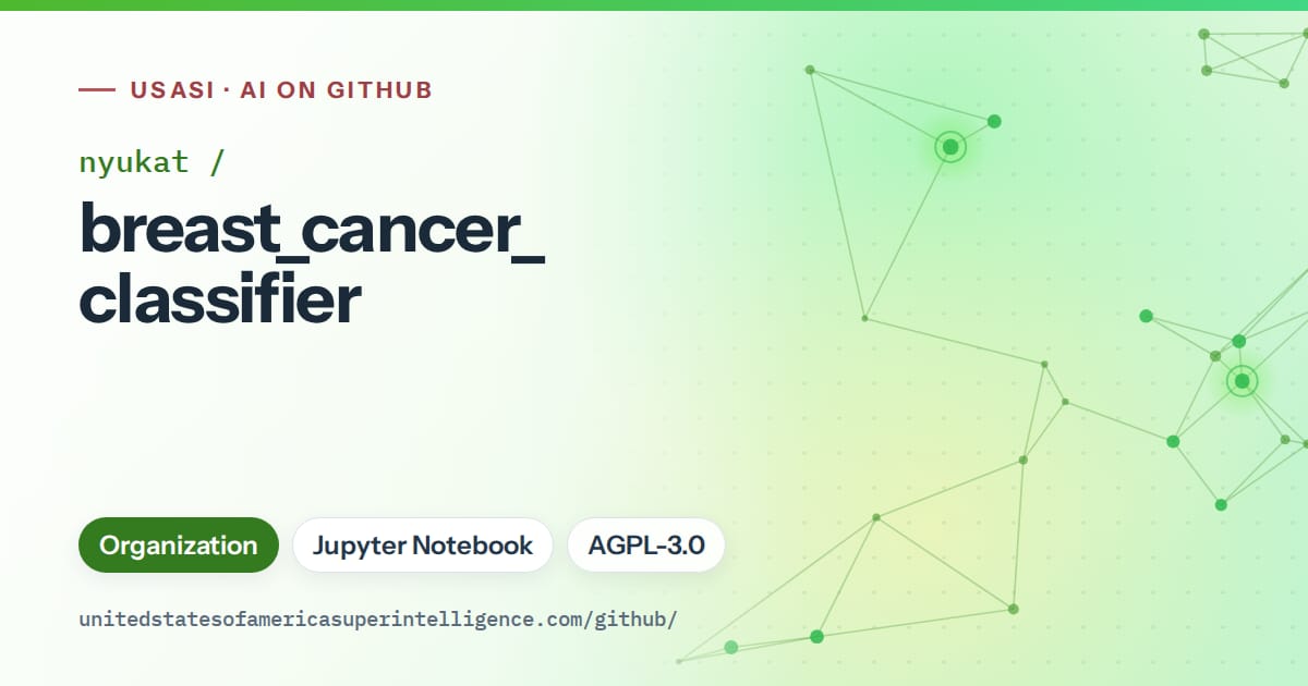 Generated green constellation network artwork for nyukat/breast_cancer_classifier, labeled USASI · AI on GitHub, with Organization · Jupyter Notebook · AGPL-3.0.