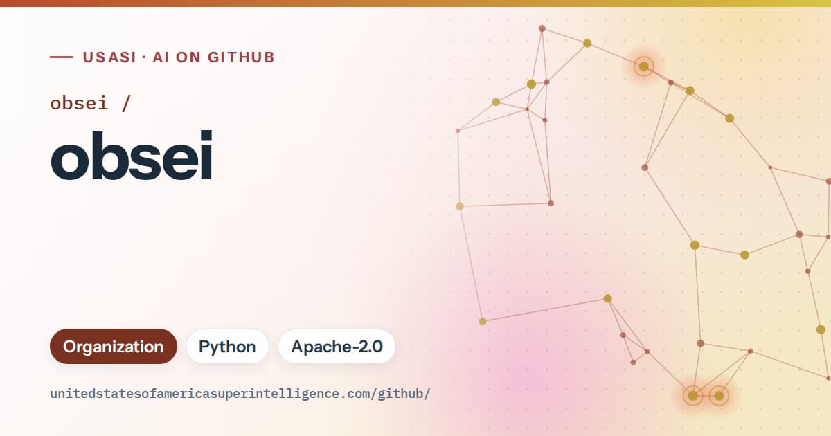 Generated red constellation network artwork for obsei/obsei, labeled USASI · AI on GitHub, with Organization · Python · Apache-2.0.