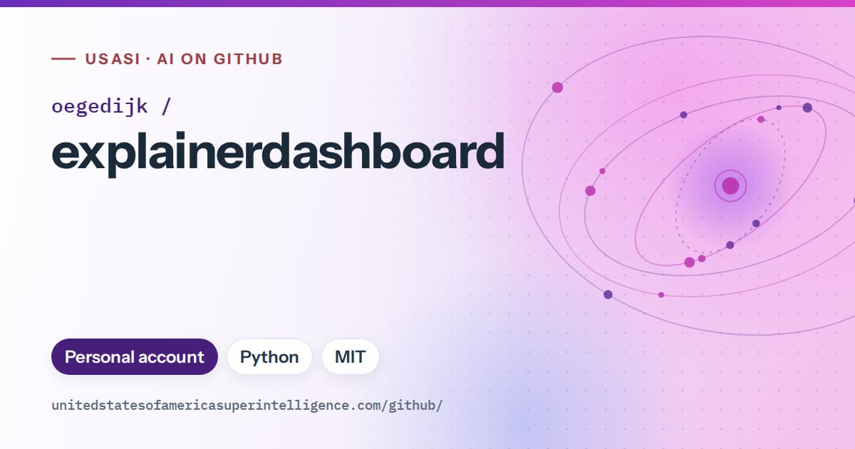 Generated violet orbit artwork for oegedijk/explainerdashboard, labeled USASI · AI on GitHub, with Personal account · Python · MIT.