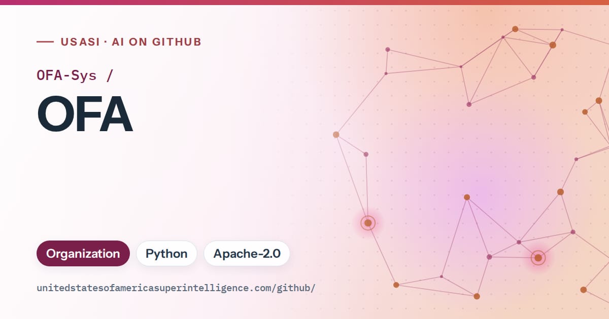 Generated pink constellation network artwork for OFA-Sys/OFA, labeled USASI · AI on GitHub, with Organization · Python · Apache-2.0.