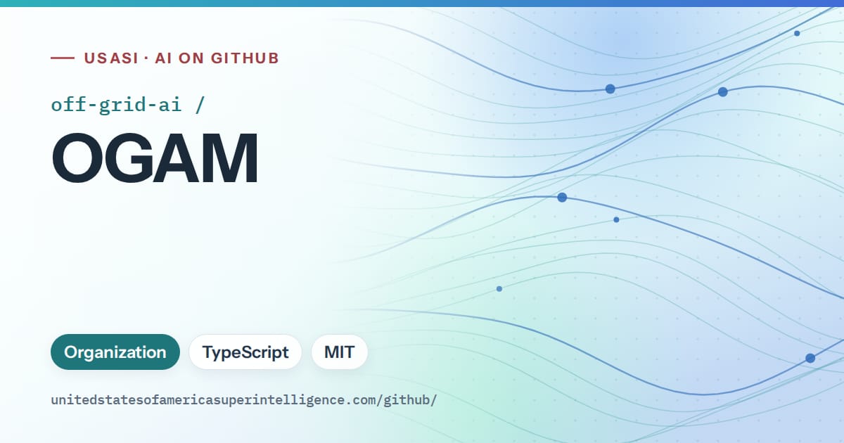 Generated teal flowing-wave artwork for off-grid-ai/OGAM, labeled USASI · AI on GitHub, with Organization · TypeScript · MIT.
