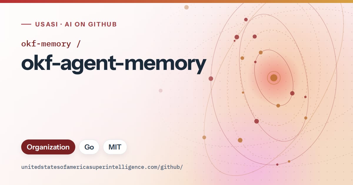Generated red orbit artwork for okf-memory/okf-agent-memory, labeled USASI · AI on GitHub, with Organization · Go · MIT.