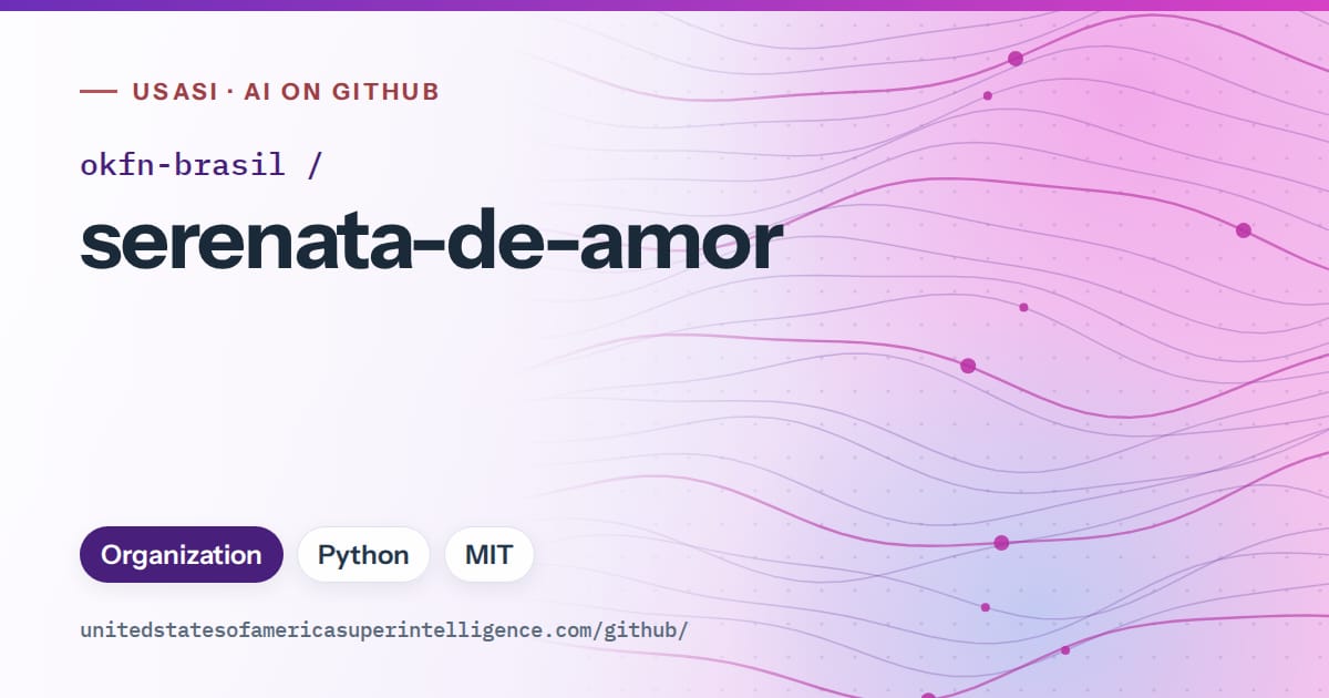 Generated violet flowing-wave artwork for okfn-brasil/serenata-de-amor, labeled USASI · AI on GitHub, with Organization · Python · MIT.