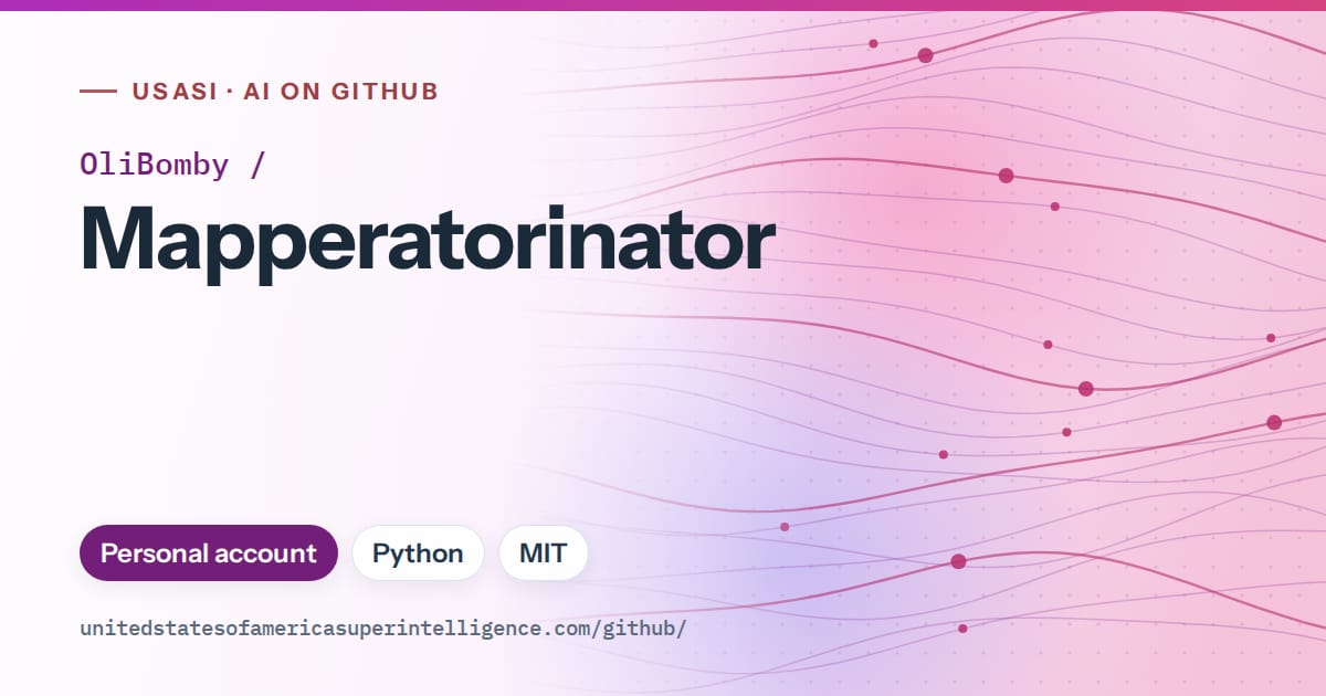 Generated purple flowing-wave artwork for OliBomby/Mapperatorinator, labeled USASI · AI on GitHub, with Personal account · Python · MIT.