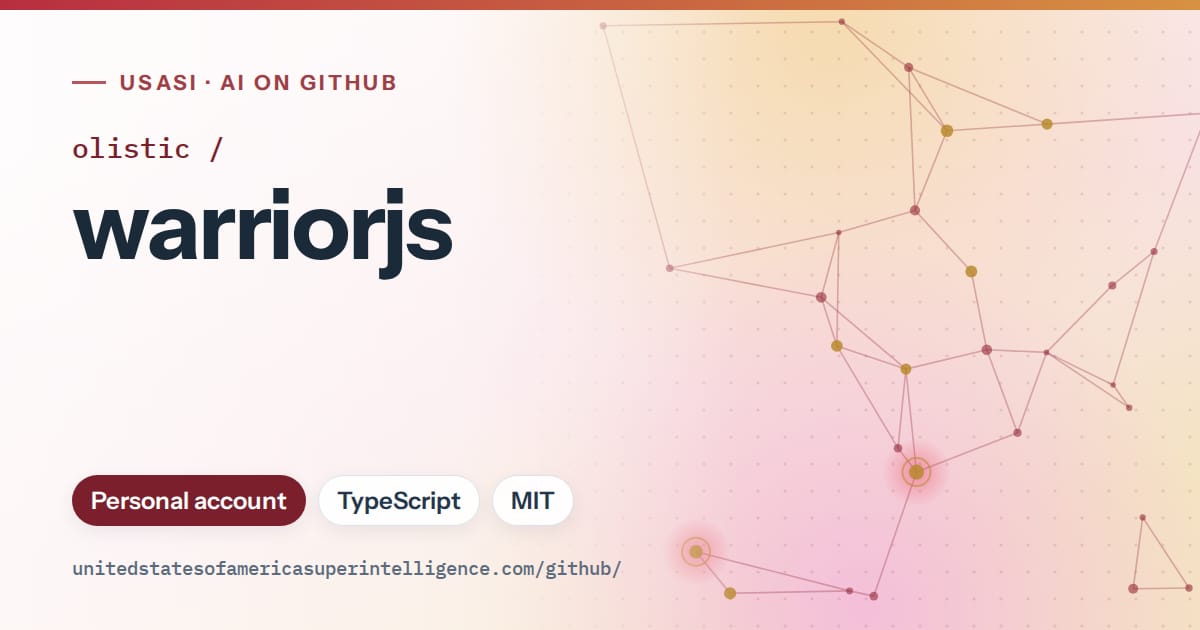 Generated red constellation network artwork for olistic/warriorjs, labeled USASI · AI on GitHub, with Personal account · TypeScript · MIT.