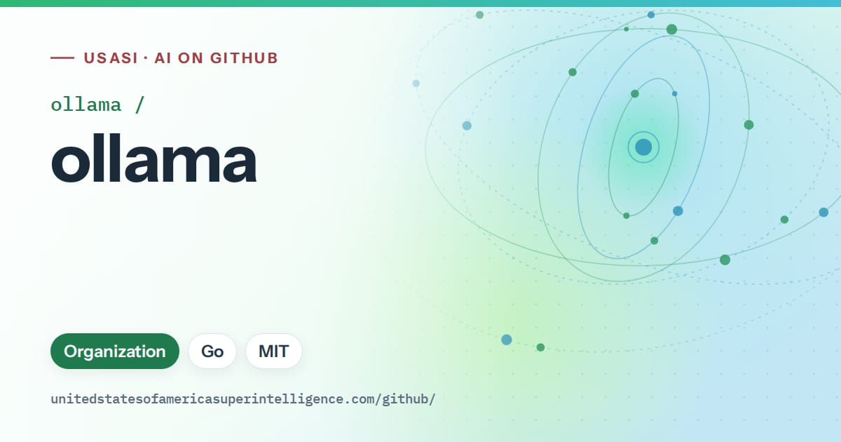 Generated teal orbit artwork for ollama/ollama, labeled USASI · AI on GitHub, with Organization · Go · MIT.