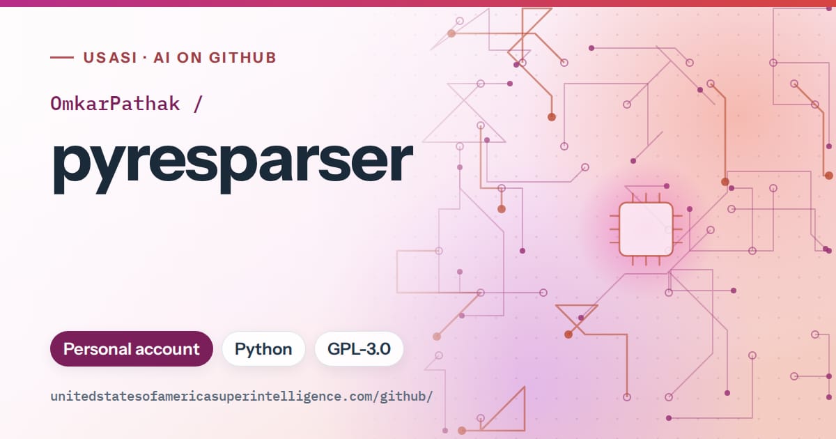 Generated pink circuit-trace artwork for OmkarPathak/pyresparser, labeled USASI · AI on GitHub, with Personal account · Python · GPL-3.0.