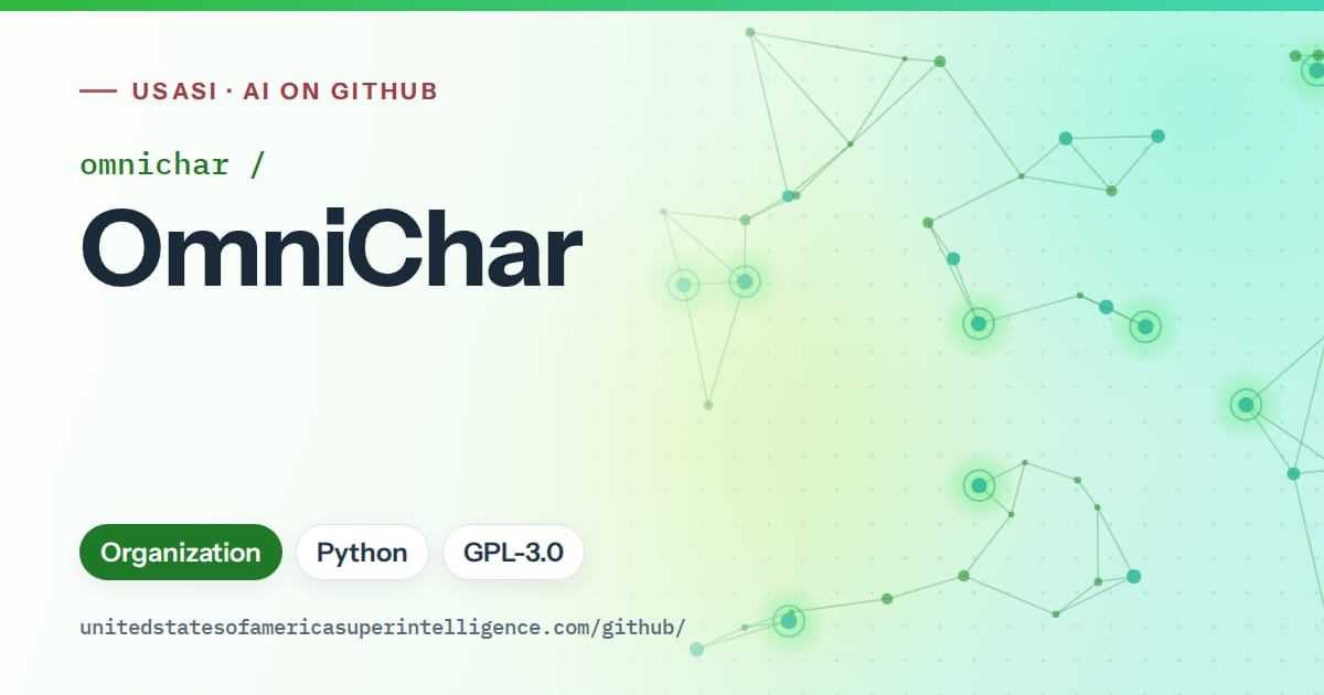 Generated green constellation network artwork for omnichar/OmniChar, labeled USASI · AI on GitHub, with Organization · Python · GPL-3.0.