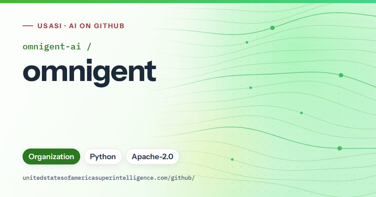 Generated green flowing-wave artwork for omnigent-ai/omnigent, labeled USASI · AI on GitHub, with Organization · Python · Apache-2.0.