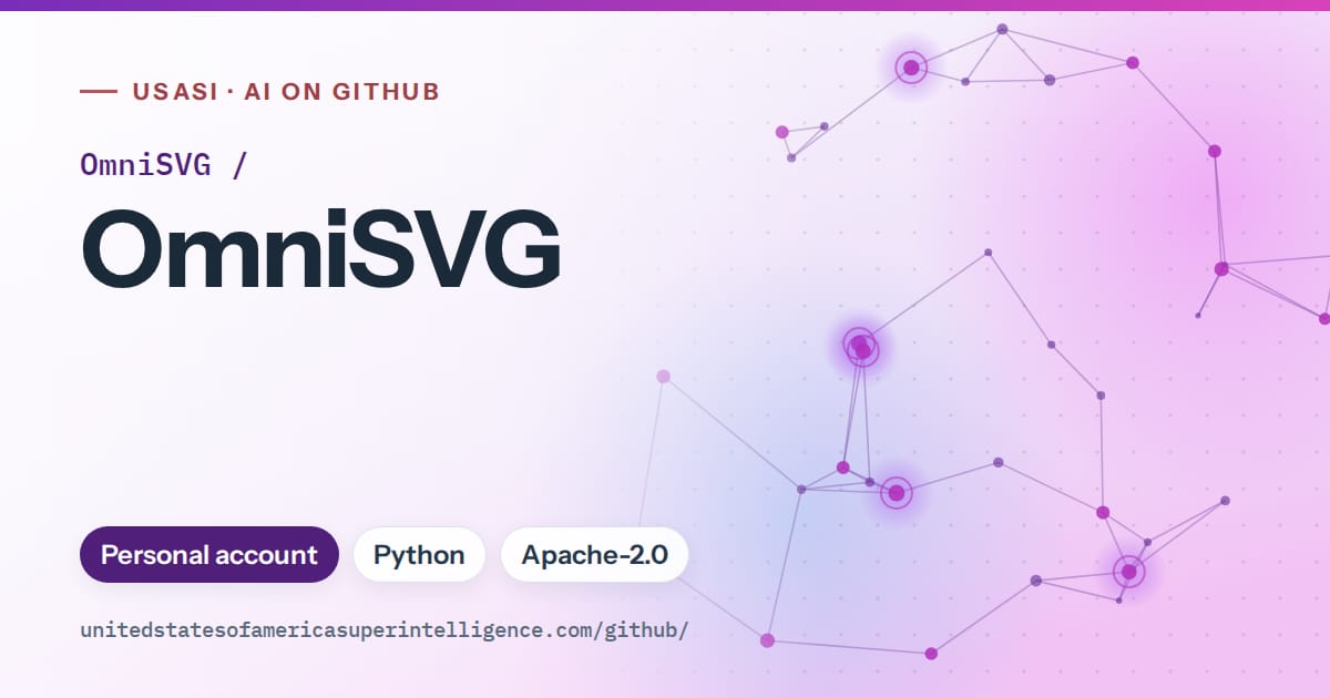 Generated violet constellation network artwork for OmniSVG/OmniSVG, labeled USASI · AI on GitHub, with Personal account · Python · Apache-2.0.
