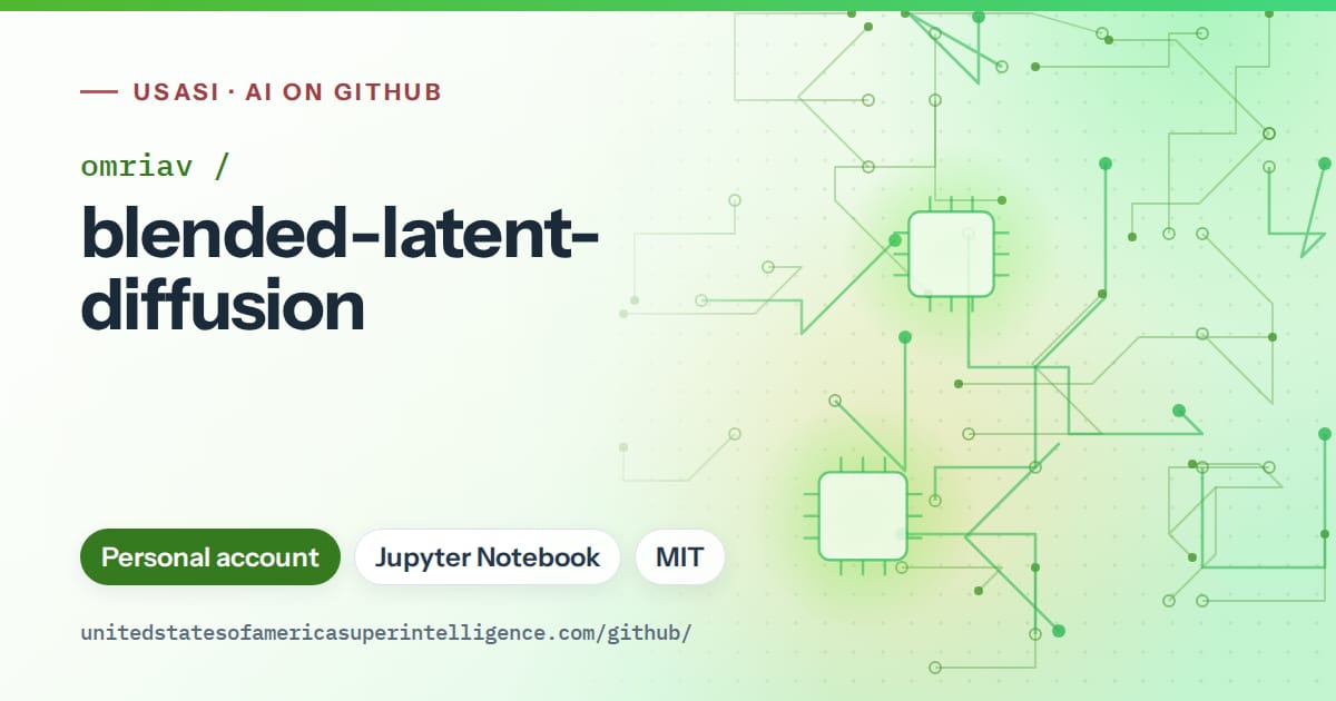 Generated green circuit-trace artwork for omriav/blended-latent-diffusion, labeled USASI · AI on GitHub, with Personal account · Jupyter Notebook · MIT.