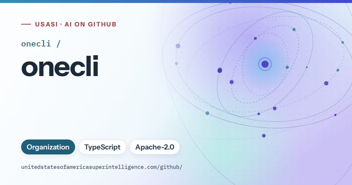 Generated sky blue orbit artwork for onecli/onecli, labeled USASI · AI on GitHub, with Organization · TypeScript · Apache-2.0.