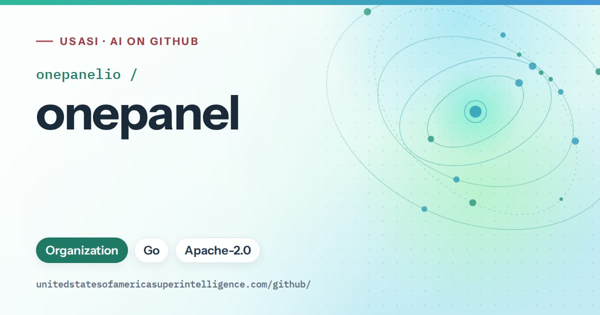 Generated teal orbit artwork for onepanelio/onepanel, labeled USASI · AI on GitHub, with Organization · Go · Apache-2.0.