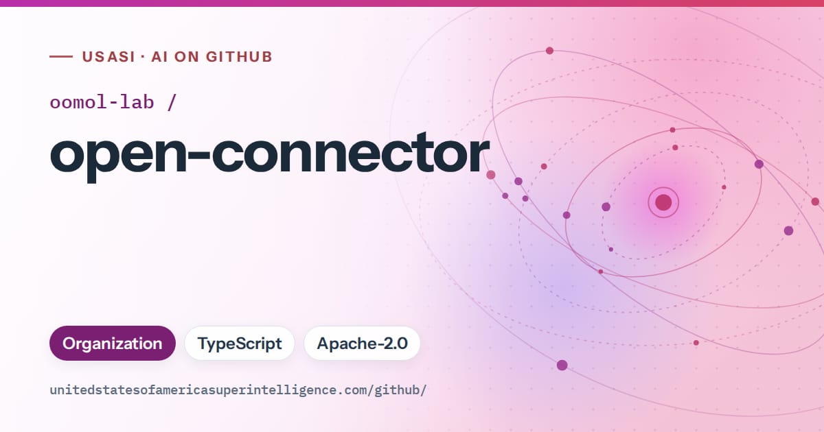 Generated purple orbit artwork for oomol-lab/open-connector, labeled USASI · AI on GitHub, with Organization · TypeScript · Apache-2.0.
