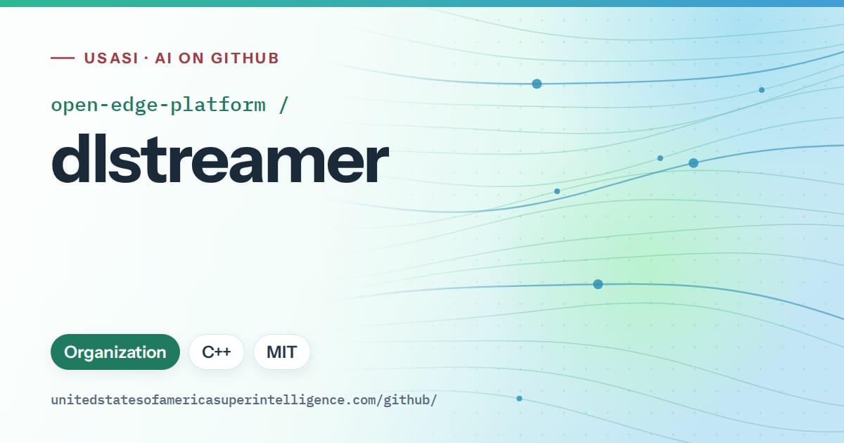 Generated teal flowing-wave artwork for open-edge-platform/dlstreamer, labeled USASI · AI on GitHub, with Organization · C++ · MIT.