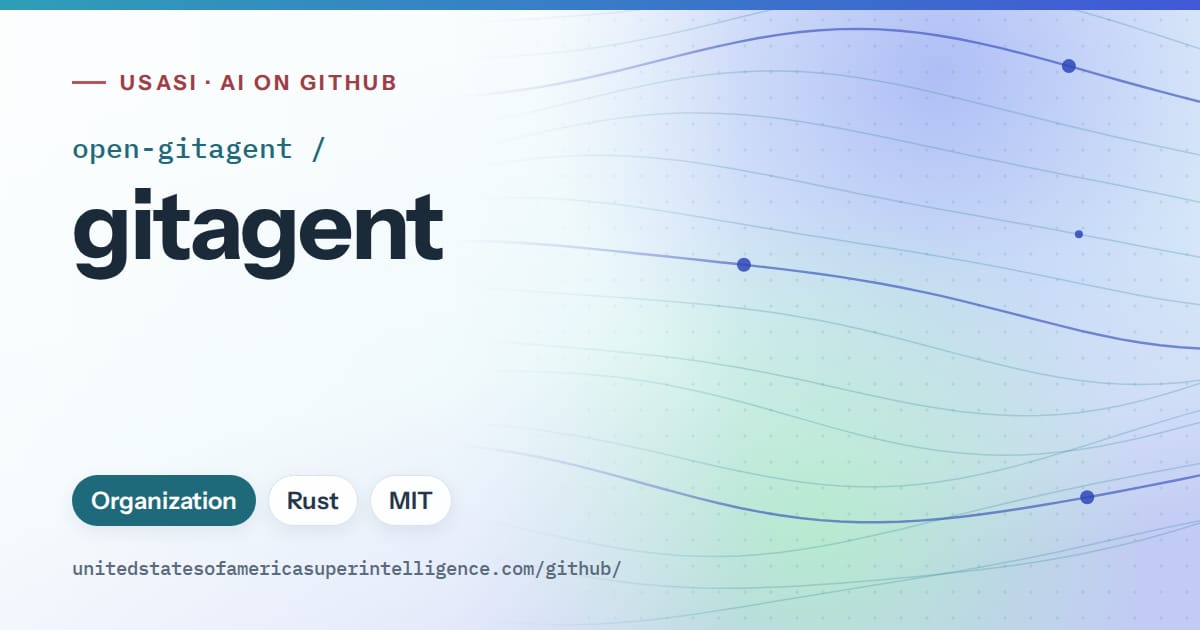 Generated sky blue flowing-wave artwork for open-gitagent/gitagent, labeled USASI · AI on GitHub, with Organization · Rust · MIT.