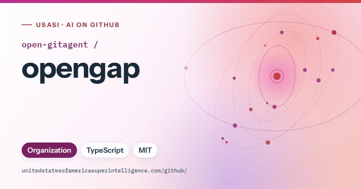 Generated purple orbit artwork for open-gitagent/opengap, labeled USASI · AI on GitHub, with Organization · TypeScript · MIT.