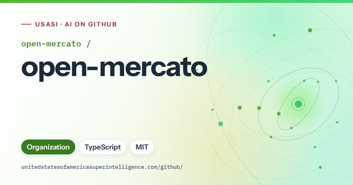 Generated green orbit artwork for open-mercato/open-mercato, labeled USASI · AI on GitHub, with Organization · TypeScript · MIT.