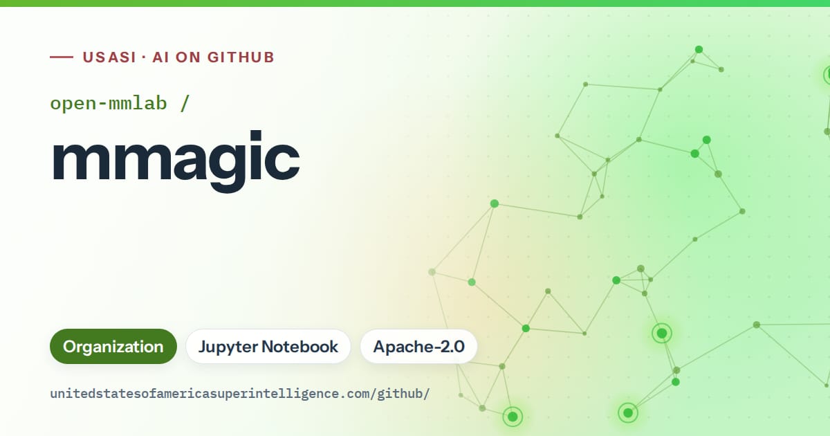 Generated green constellation network artwork for open-mmlab/mmagic, labeled USASI · AI on GitHub, with Organization · Jupyter Notebook · Apache-2.0.
