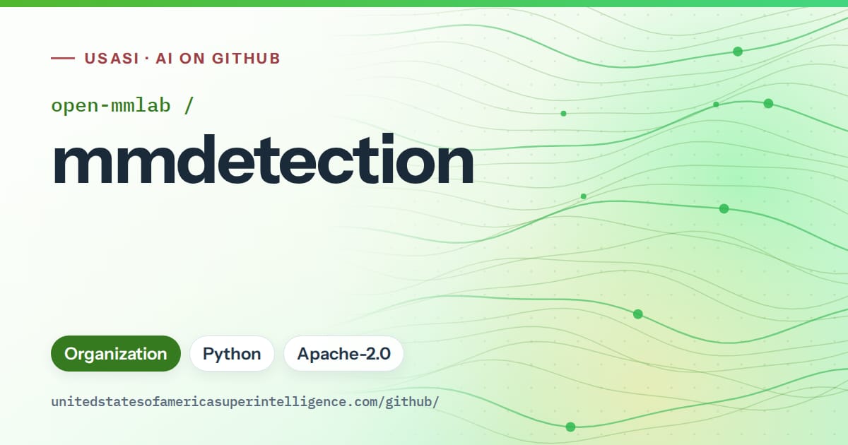 Generated green flowing-wave artwork for open-mmlab/mmdetection, labeled USASI · AI on GitHub, with Organization · Python · Apache-2.0.