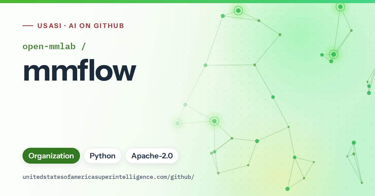 Generated green constellation network artwork for open-mmlab/mmflow, labeled USASI · AI on GitHub, with Organization · Python · Apache-2.0.