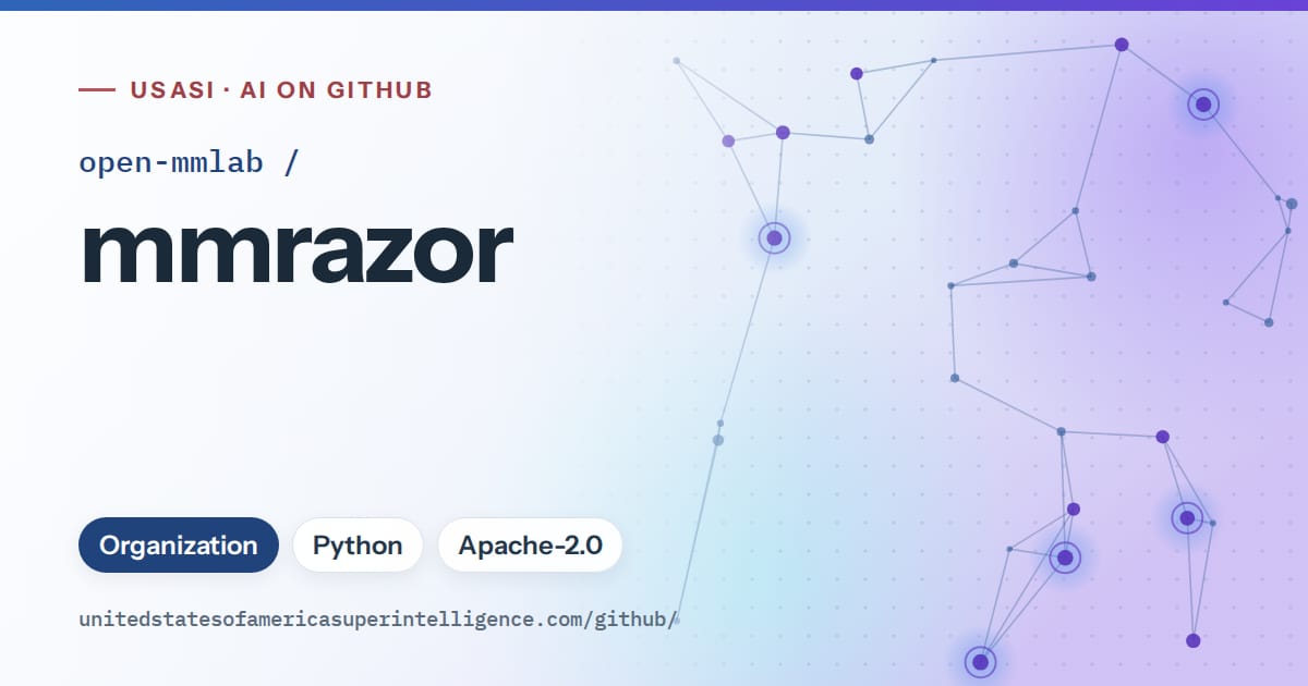 Generated blue constellation network artwork for open-mmlab/mmrazor, labeled USASI · AI on GitHub, with Organization · Python · Apache-2.0.