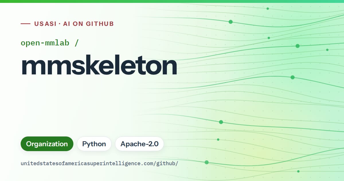 Generated green flowing-wave artwork for open-mmlab/mmskeleton, labeled USASI · AI on GitHub, with Organization · Python · Apache-2.0.