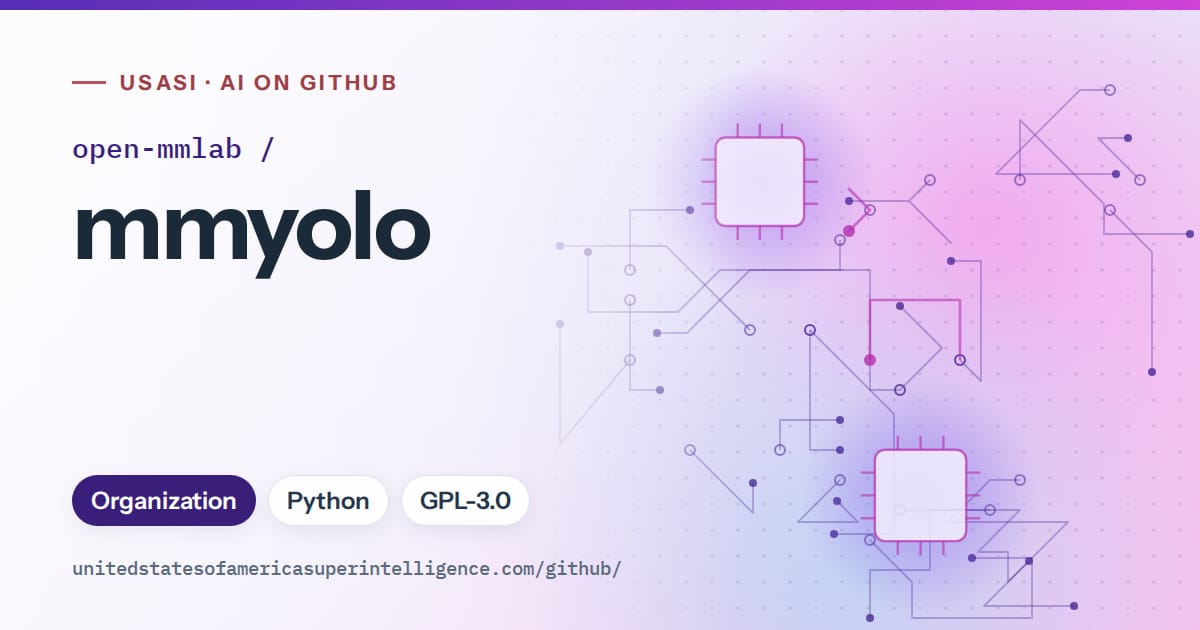 Generated violet circuit-trace artwork for open-mmlab/mmyolo, labeled USASI · AI on GitHub, with Organization · Python · GPL-3.0.