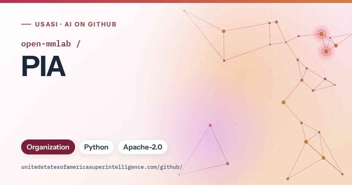 Generated pink constellation network artwork for open-mmlab/PIA, labeled USASI · AI on GitHub, with Organization · Python · Apache-2.0.
