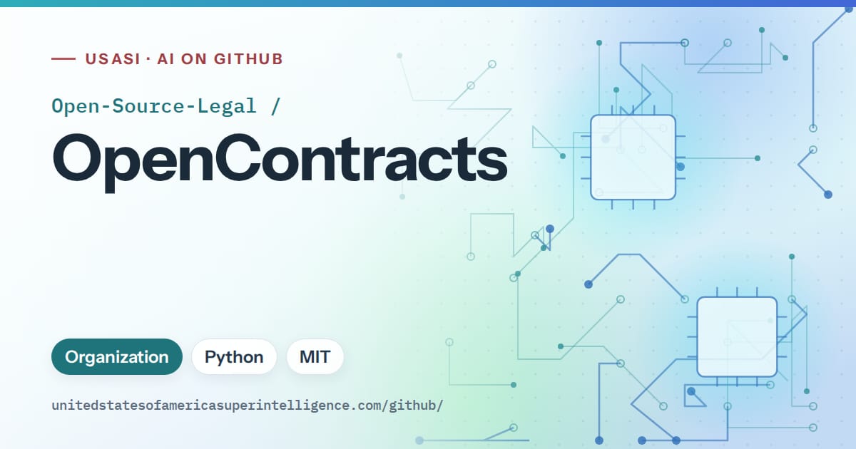 Generated teal circuit-trace artwork for Open-Source-Legal/OpenContracts, labeled USASI · AI on GitHub, with Organization · Python · MIT.
