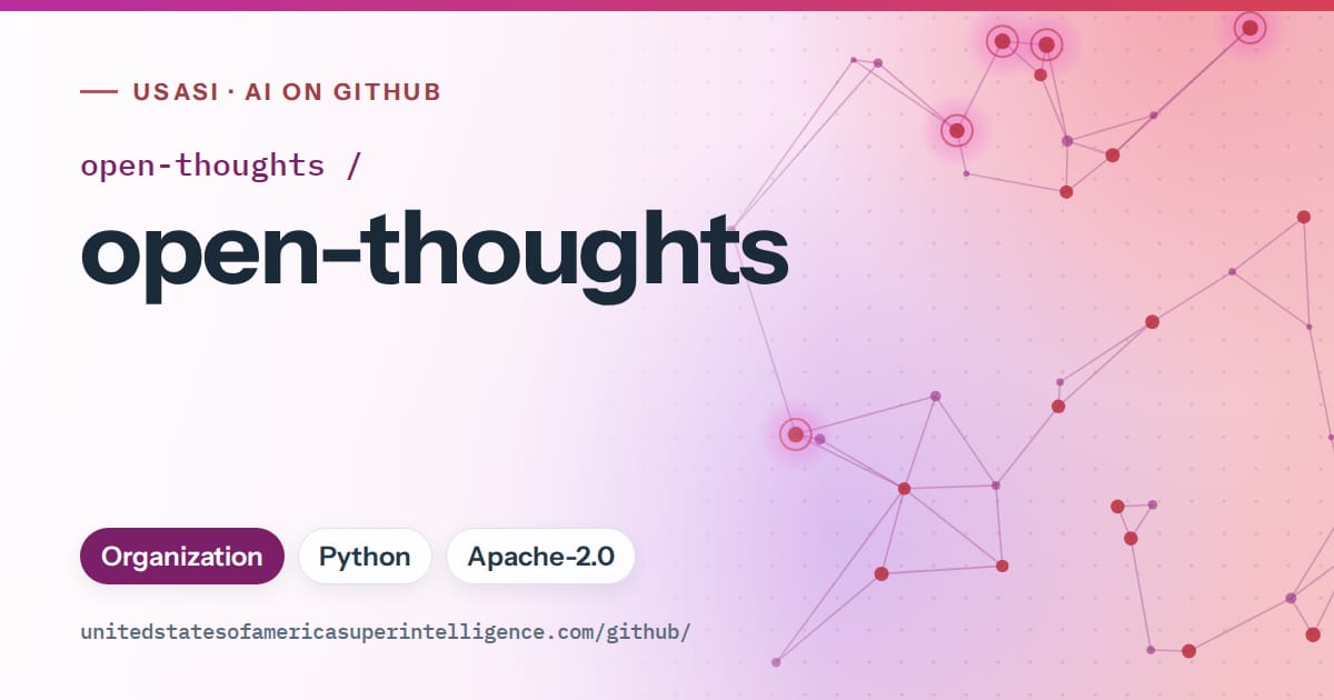 Generated purple constellation network artwork for open-thoughts/open-thoughts, labeled USASI · AI on GitHub, with Organization · Python · Apache-2.0.