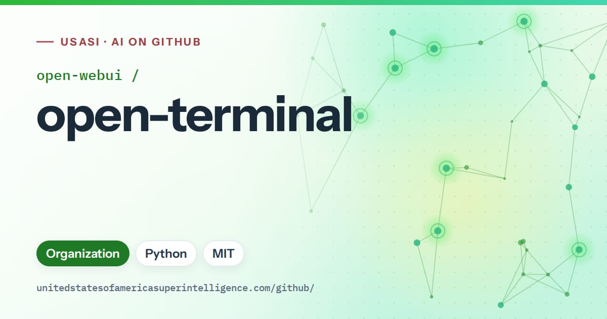 Generated green constellation network artwork for open-webui/open-terminal, labeled USASI · AI on GitHub, with Organization · Python · MIT.