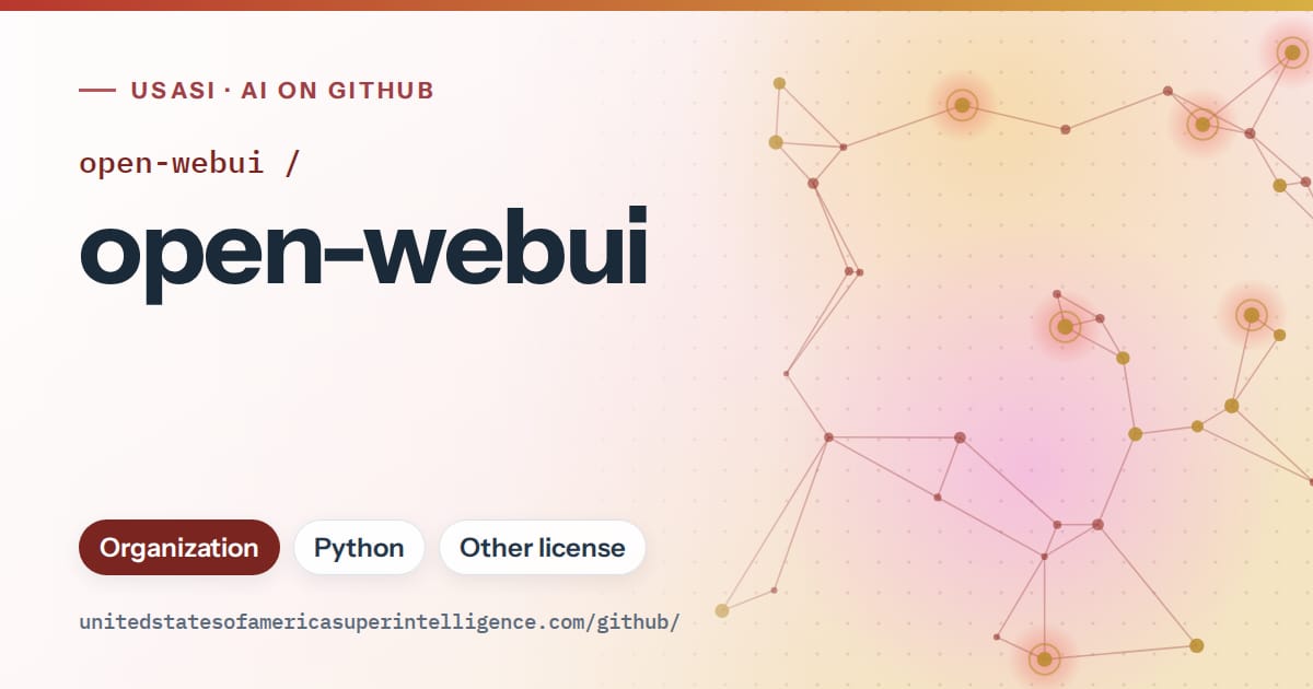 Generated red constellation network artwork for open-webui/open-webui, labeled USASI · AI on GitHub, with Organization · Python · Other license.