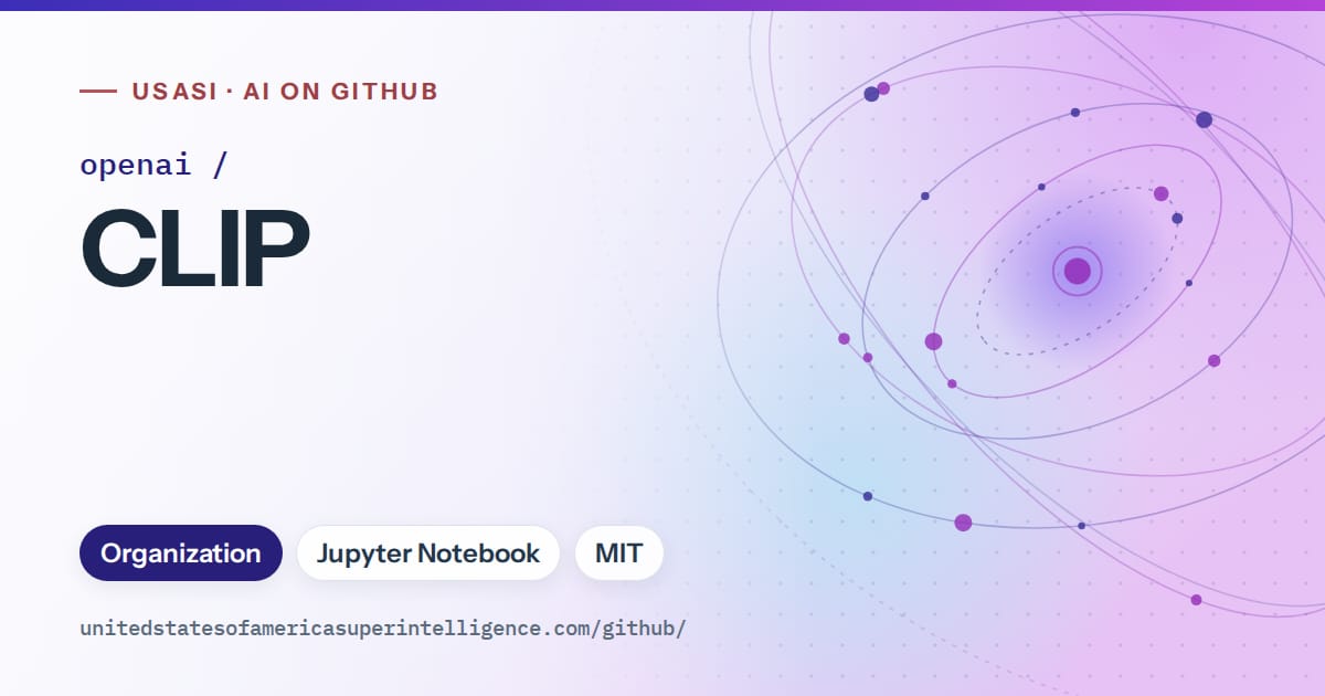 Generated blue orbit artwork for openai/CLIP, labeled USASI · AI on GitHub, with Organization · Jupyter Notebook · MIT.