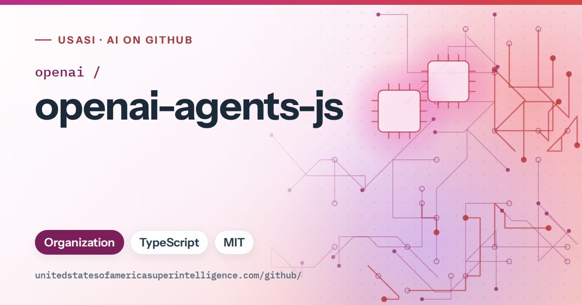 Generated pink circuit-trace artwork for openai/openai-agents-js, labeled USASI · AI on GitHub, with Organization · TypeScript · MIT.