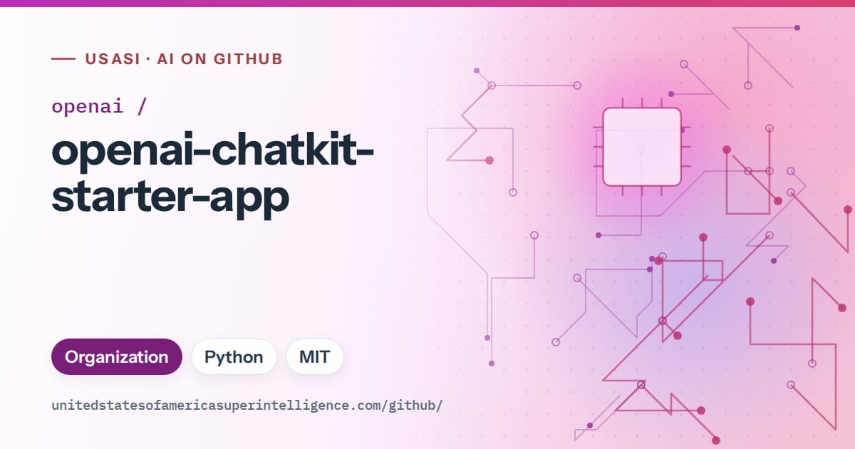 Generated purple circuit-trace artwork for openai/openai-chatkit-starter-app, labeled USASI · AI on GitHub, with Organization · Python · MIT.