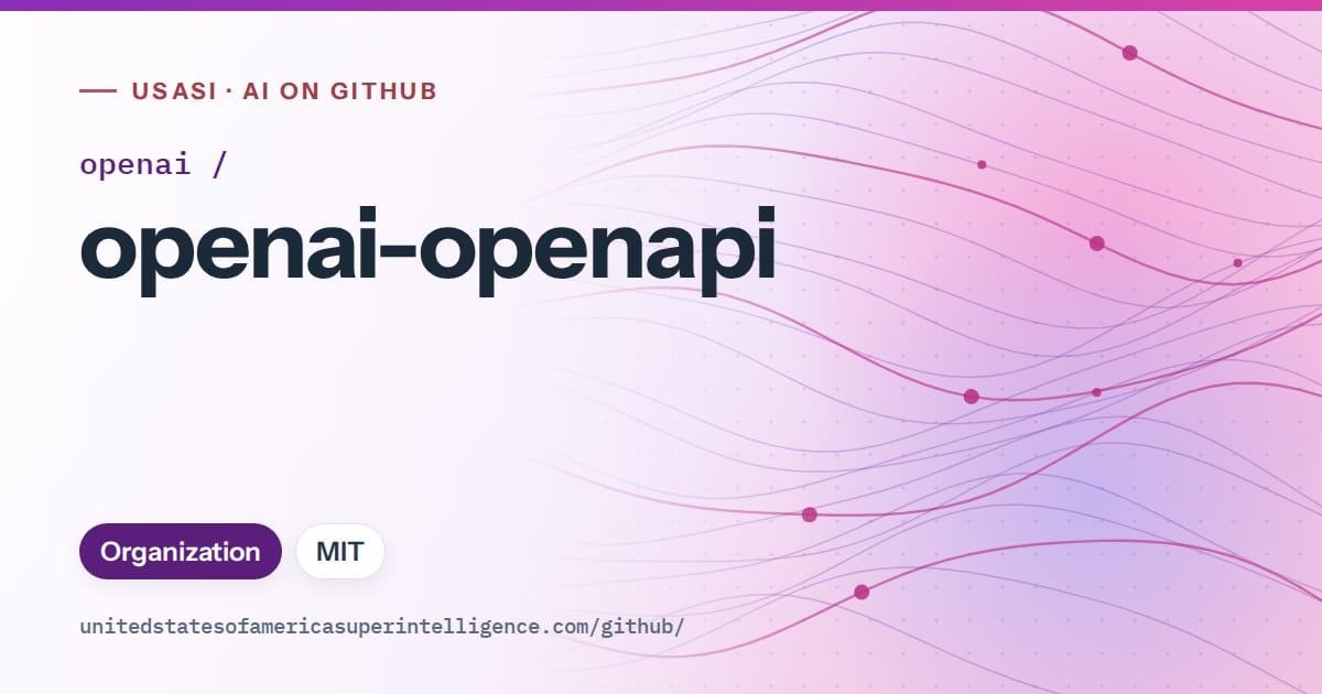 Generated violet flowing-wave artwork for openai/openai-openapi, labeled USASI · AI on GitHub, with Organization · MIT.