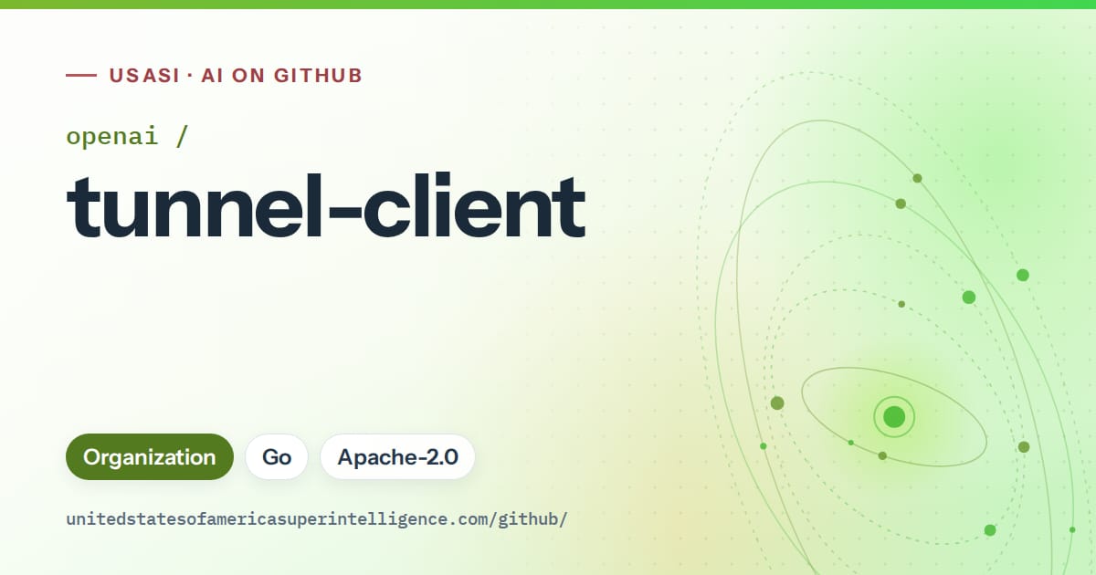 Generated green orbit artwork for openai/tunnel-client, labeled USASI · AI on GitHub, with Organization · Go · Apache-2.0.