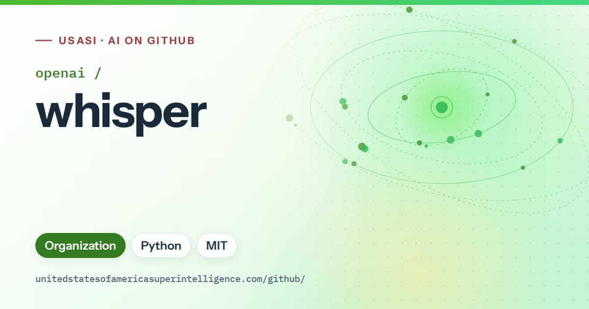Generated green orbit artwork for openai/whisper, labeled USASI · AI on GitHub, with Organization · Python · MIT.