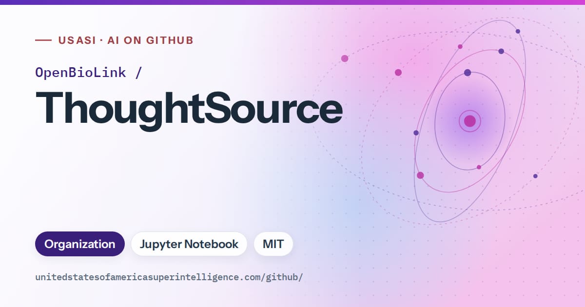 Generated violet orbit artwork for OpenBioLink/ThoughtSource, labeled USASI · AI on GitHub, with Organization · Jupyter Notebook · MIT.