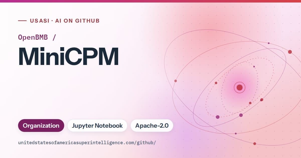 Generated purple orbit artwork for OpenBMB/MiniCPM, labeled USASI · AI on GitHub, with Organization · Jupyter Notebook · Apache-2.0.