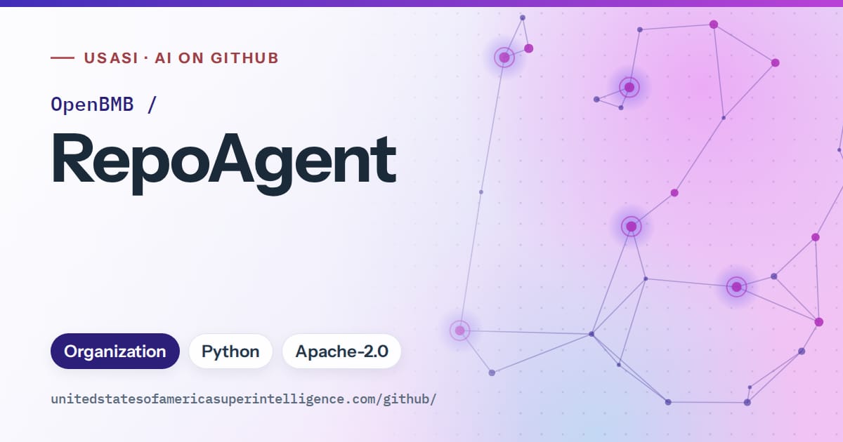 Generated blue constellation network artwork for OpenBMB/RepoAgent, labeled USASI · AI on GitHub, with Organization · Python · Apache-2.0.
