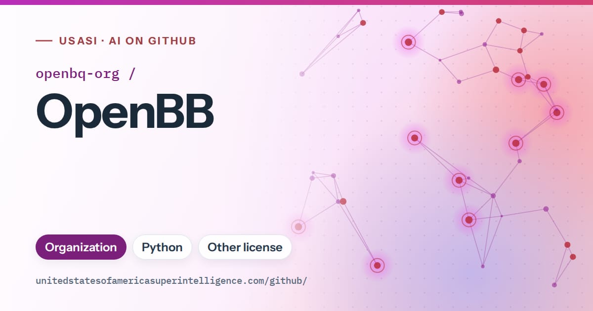 Generated purple constellation network artwork for openbq-org/OpenBB, labeled USASI · AI on GitHub, with Organization · Python · Other license.