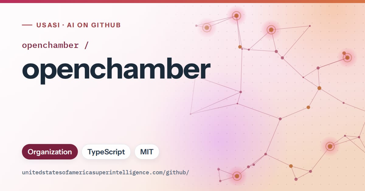 Generated pink constellation network artwork for openchamber/openchamber, labeled USASI · AI on GitHub, with Organization · TypeScript · MIT.